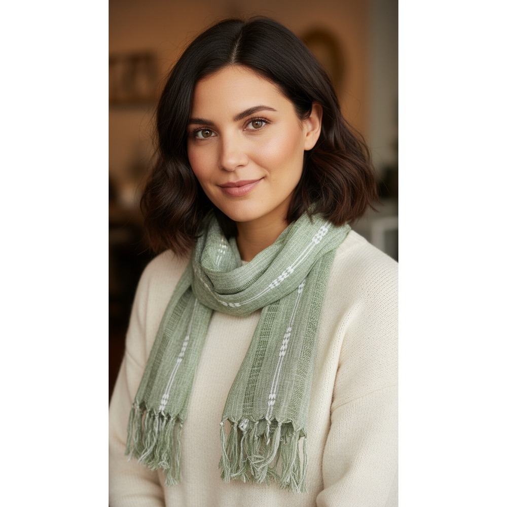 Sage Green Lightweight Woven Scarf w/ White Stripes & Fringe Trim 66 in x 13 in
